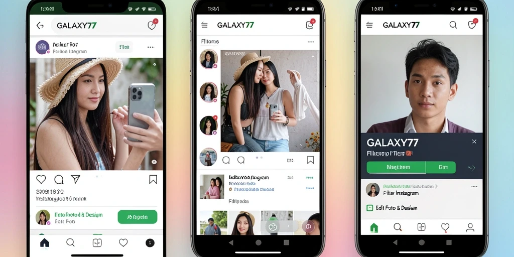 Tampilan antarmuka aplikasi GALAXY77 dengan berbagai filter Instagram.